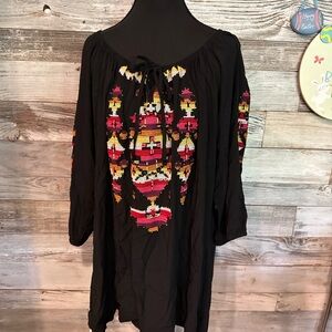 NWT Black Embroidered Peasant Tunic - Boho Floral Accent